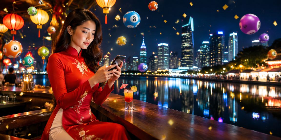 Người phụ nữ Hà Nội trong trang phục áo dài xem kết quả xổ số trực tuyến