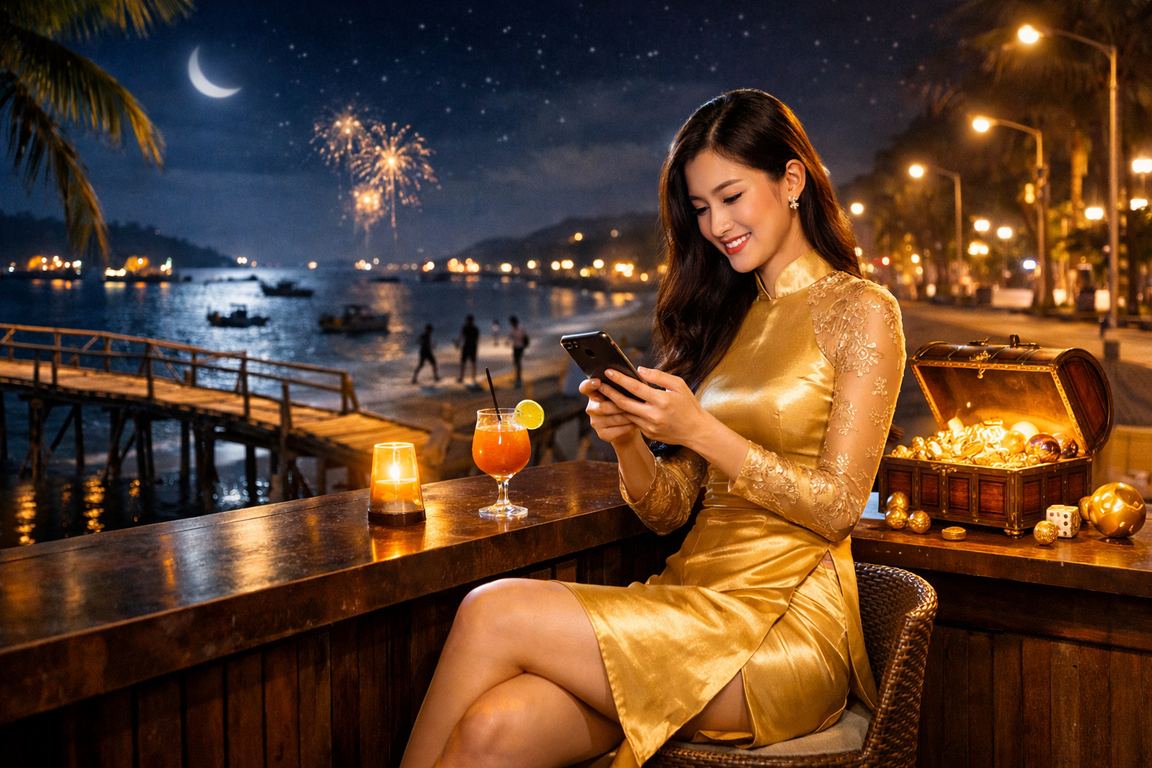 Người phụ nữ mặc áo dài tại Mũi Né sử dụng điện thoại chơi casino di động